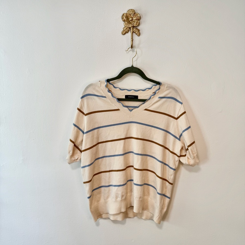 Coastal Cream Striped V-Neck Short Sleeve Scalloped Knit Sweater XL Preppy